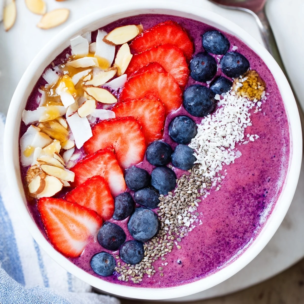 A thick purple blueberry strawberry almond smoothie bowl crowned with fresh berries, toasted coconut flakes, and crunchy sliced almonds.