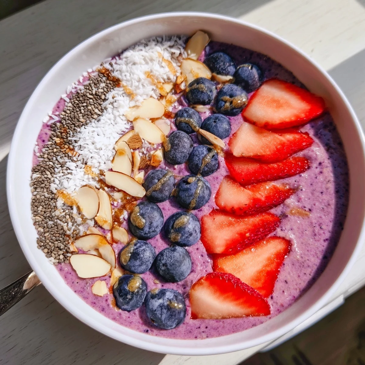 Creamy blueberry strawberry almond smoothie bowl topped with vibrant red strawberries, coconut flakes, and chia seeds in a rustic white bowl.