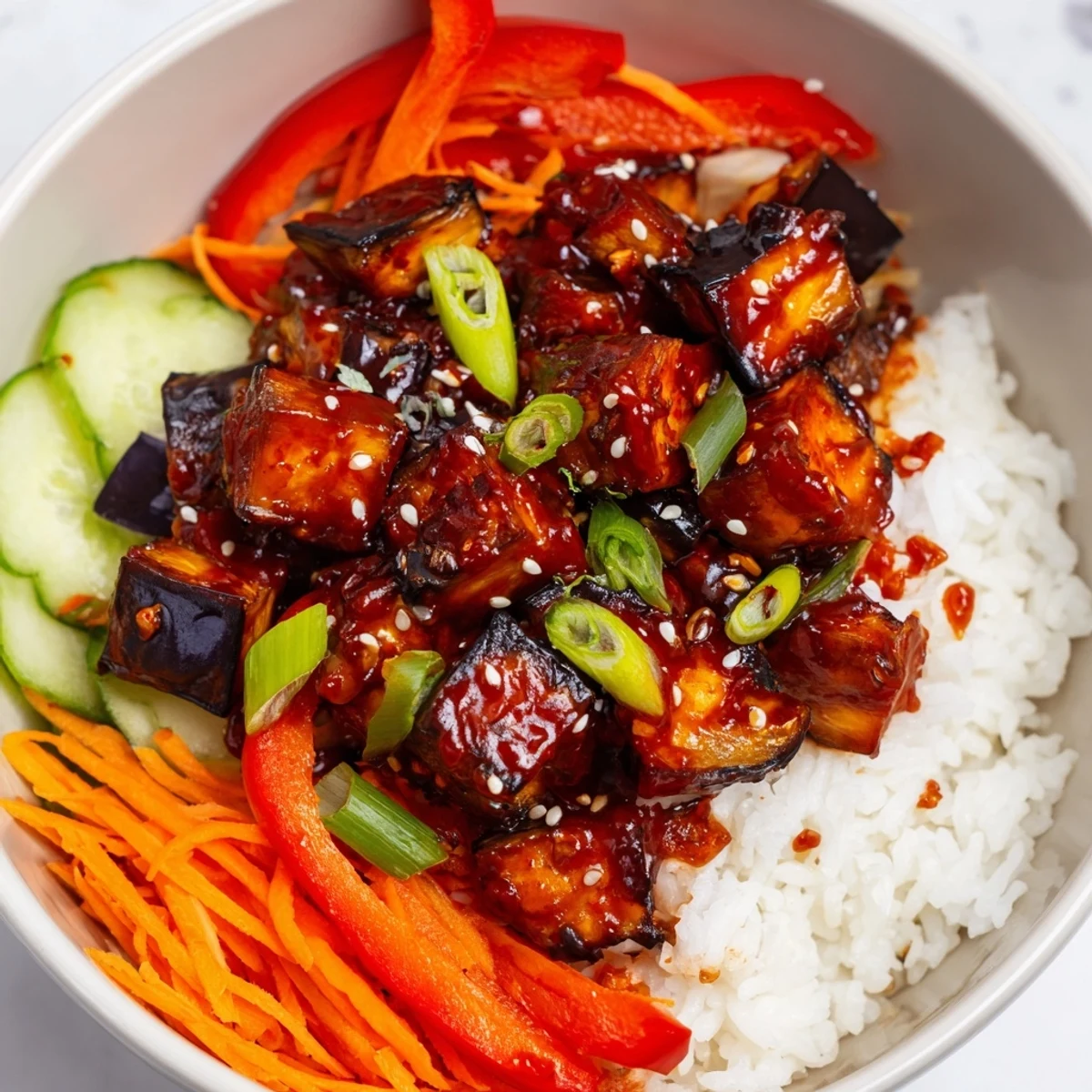 Glossy gochujang roasted eggplant veggie bowl glistening with spicy-sweet red sauce and sesame seeds