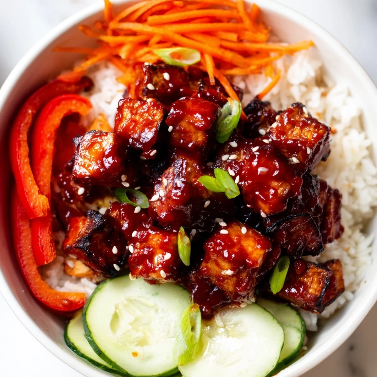 Caramelized eggplant cubes coated in rich gochujang sauce rest on fluffy rice with crisp vegetables