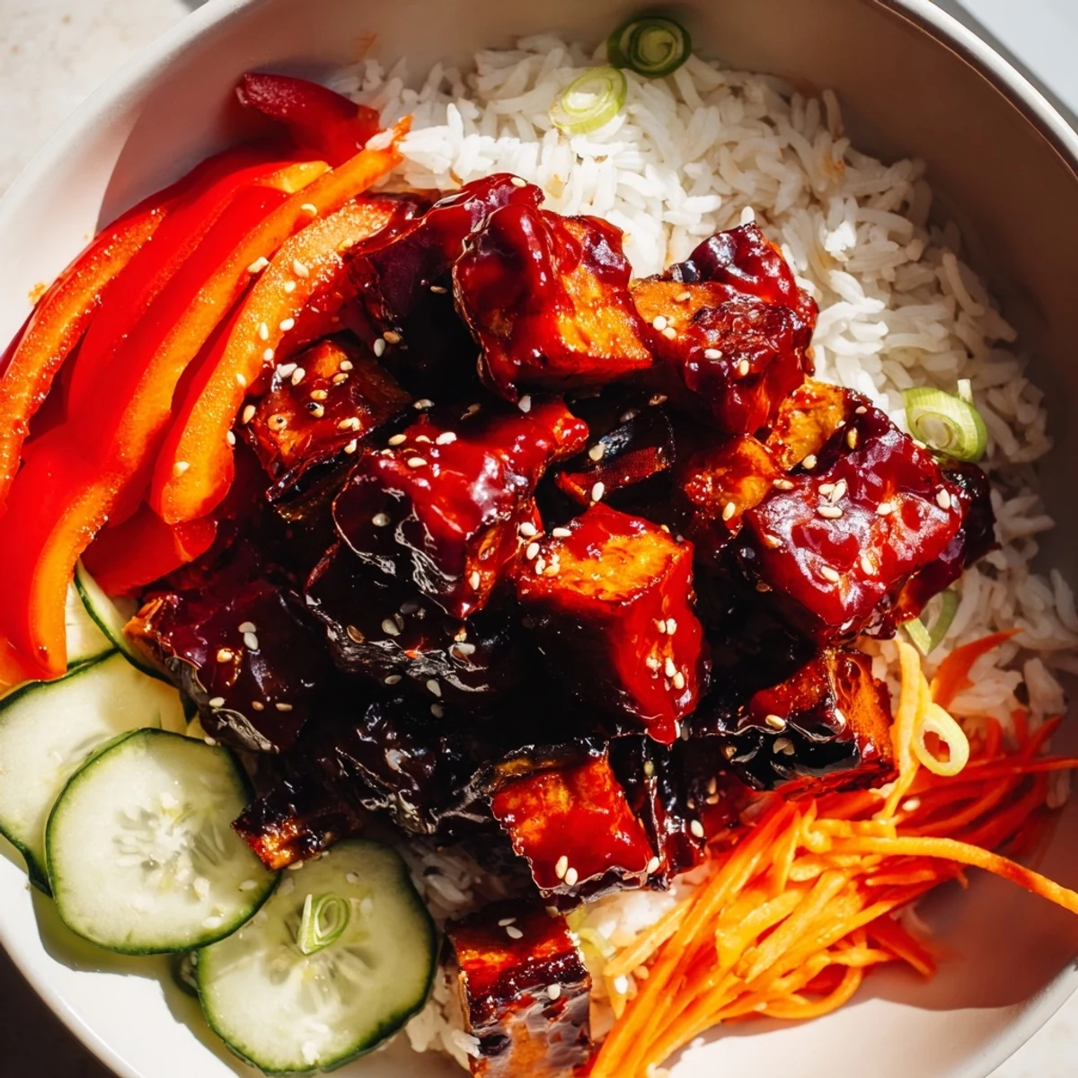 Vibrant spicy gochujang roasted eggplant veggie bowl topped with sesame seeds and fresh green onions