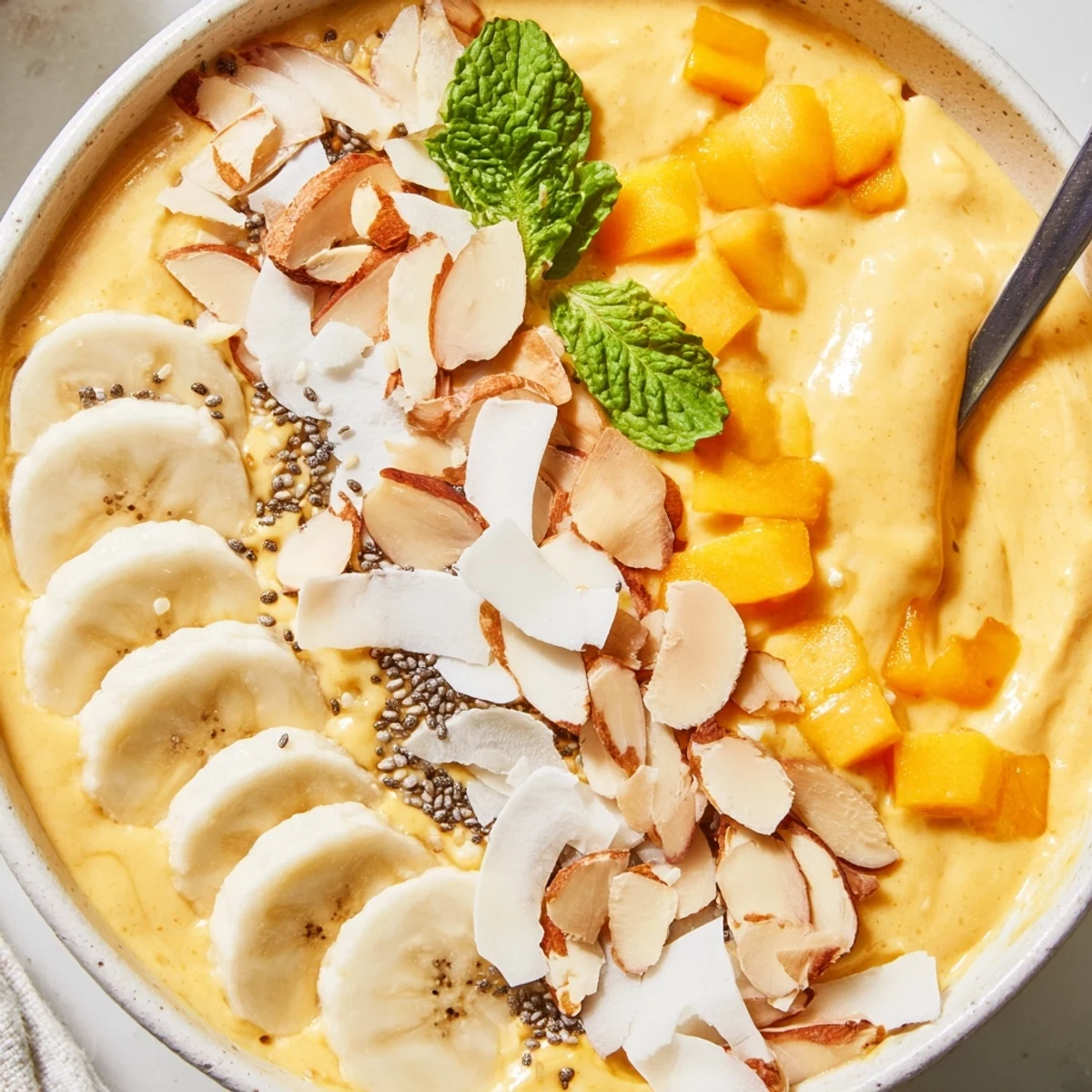 Thick tropical mango banana coconut smoothie bowl drizzled with honey and crunchy almond topping