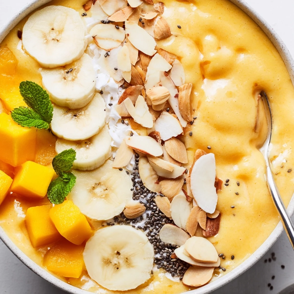 Creamy mango banana coconut smoothie bowl topped with golden toasted almonds and fresh fruit