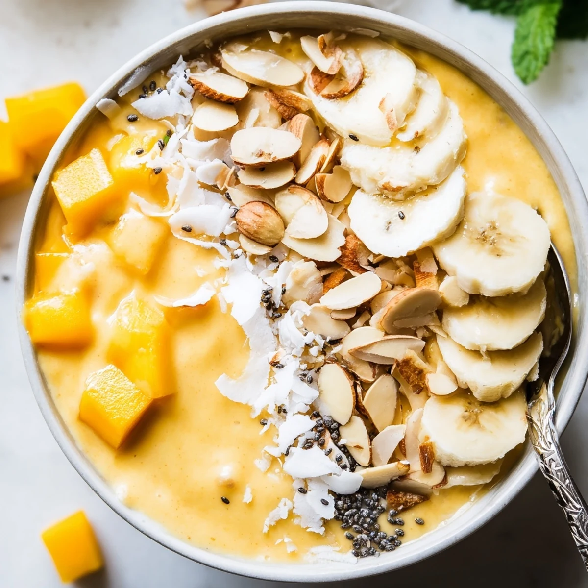 Bright yellow mango banana coconut smoothie bowl served in two bowls with shredded coconut garnish