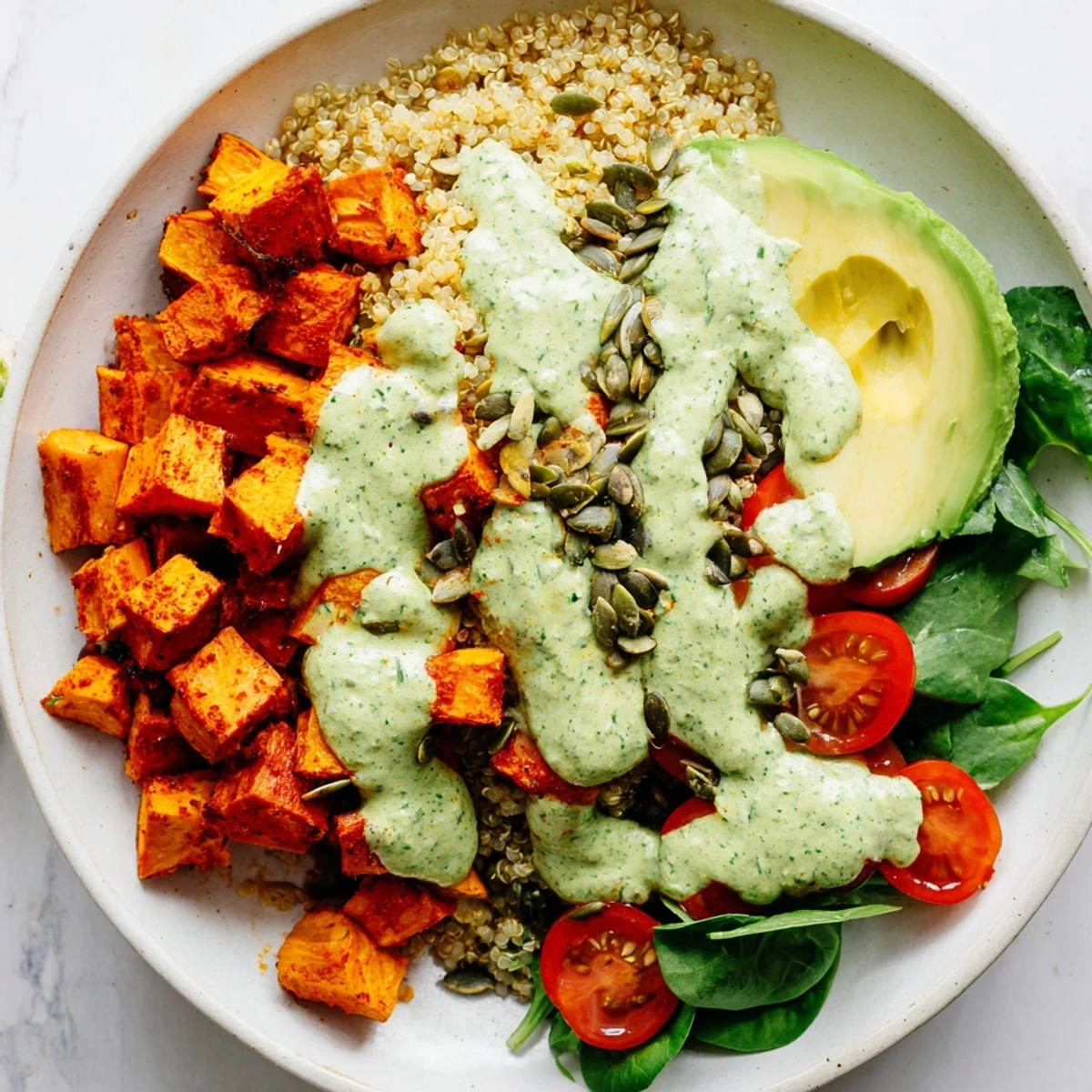 Golden roasted sweet potatoes and fluffy quinoa nestled under bright chimichurri sauce in a grain bowl