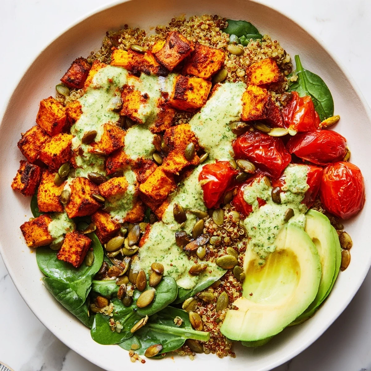 Creamy lime tahini drizzled over caramelized sweet potato chimichurri quinoa grain bowl with fresh avocado