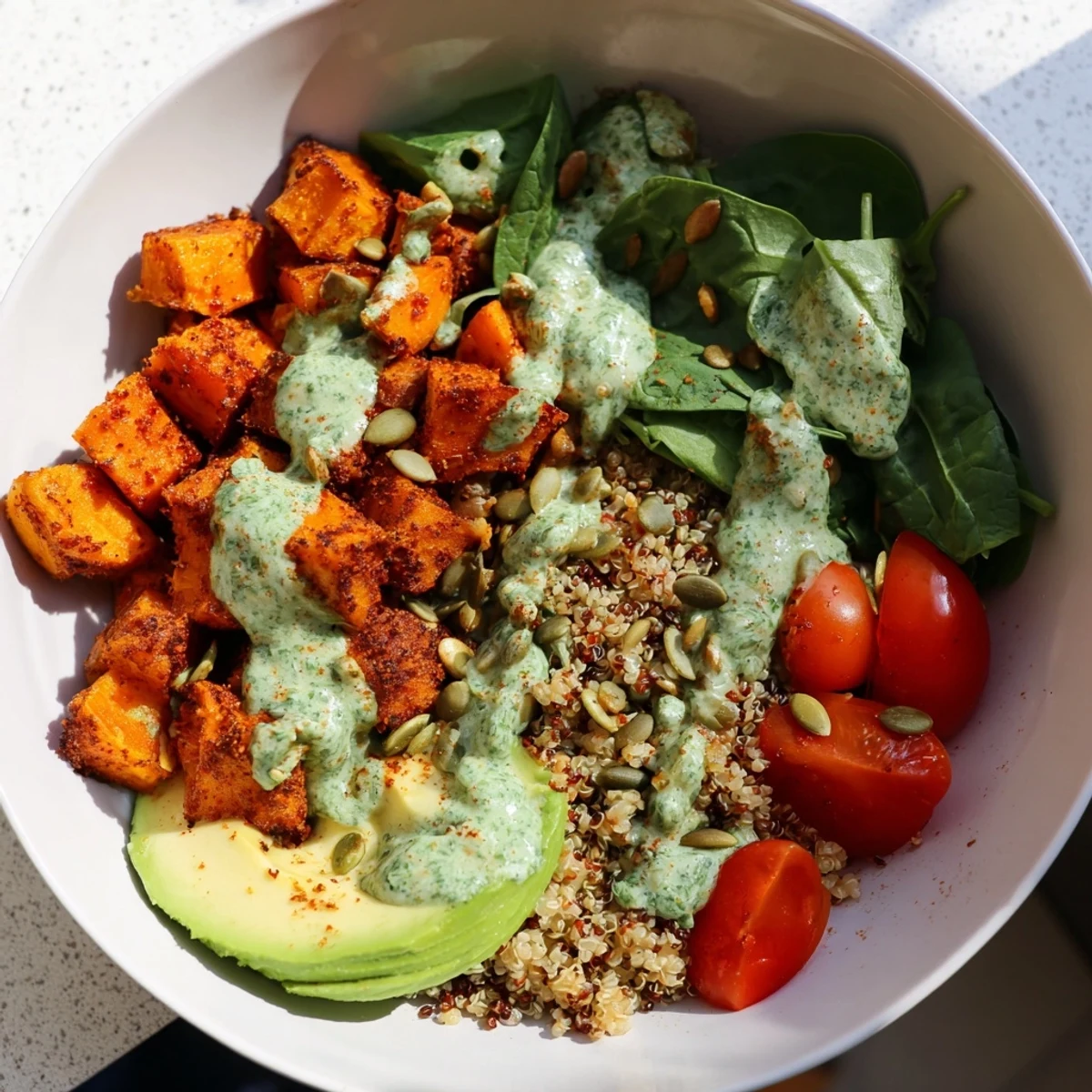 Vibrant sweet potato chimichurri quinoa grain bowl topped with toasted pepitas and leafy greens