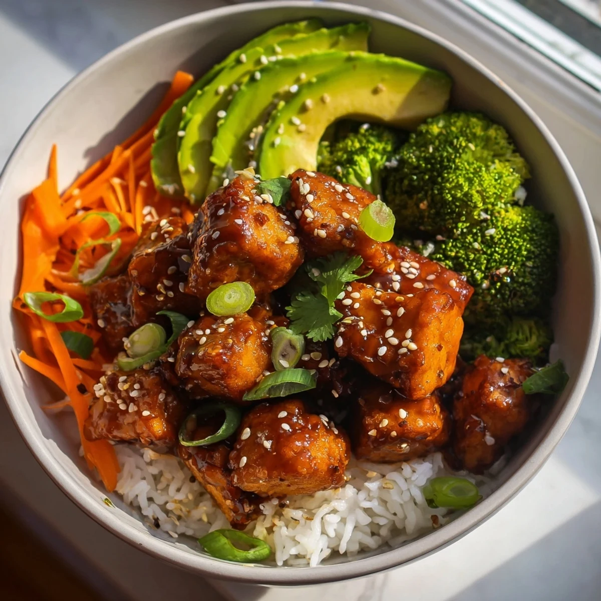 Glossy sticky maple soy tempeh Vegan Bowl with sesame broccoli and fluffy white rice
