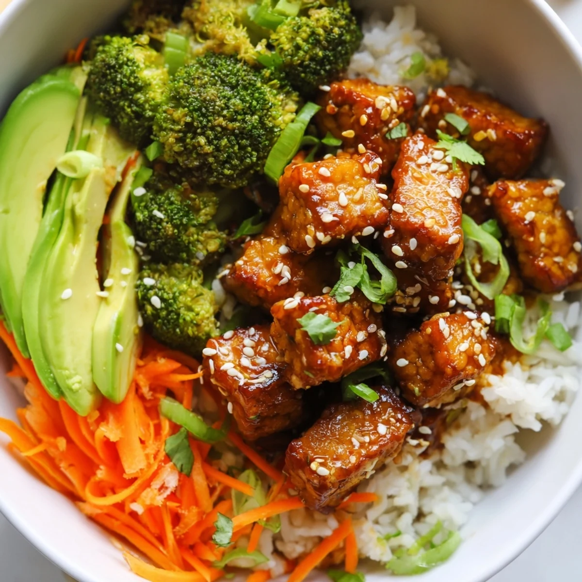 Caramelized tempeh cubes in a sticky maple soy Vegan Bowl with vibrant sesame broccoli