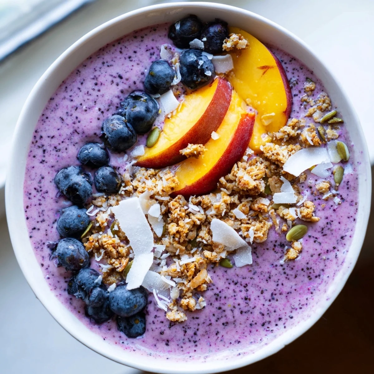 Creamy purple blueberry peach coconut smoothie bowl crowned with granola crumble and peach slices.