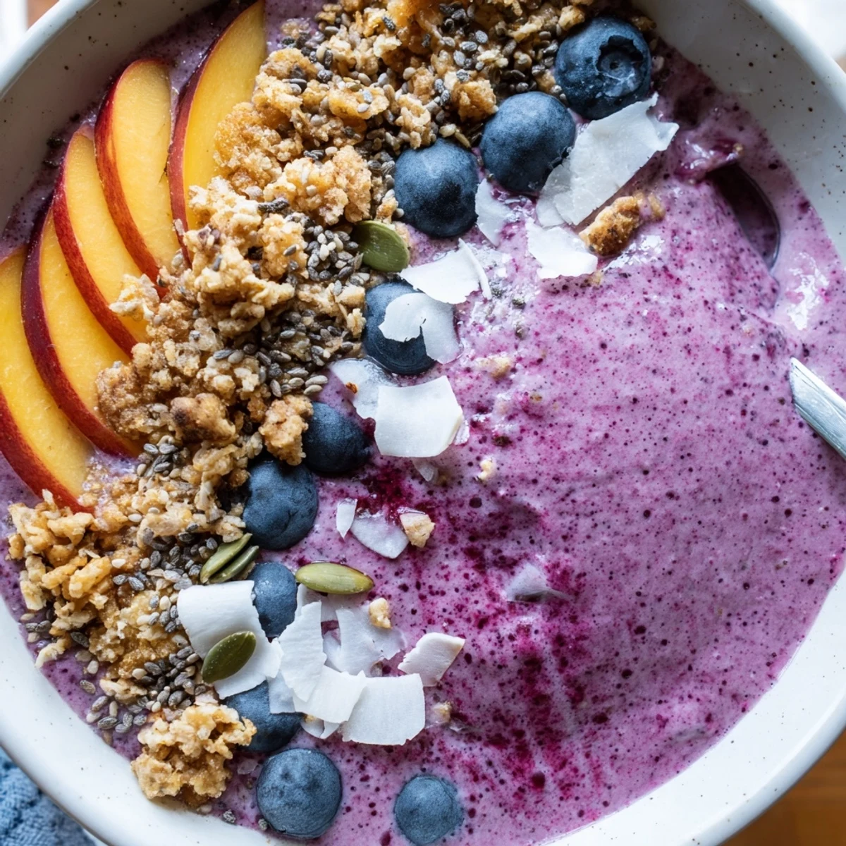 A thick blueberry peach coconut smoothie bowl topped with crunchy granola and fresh fruit.