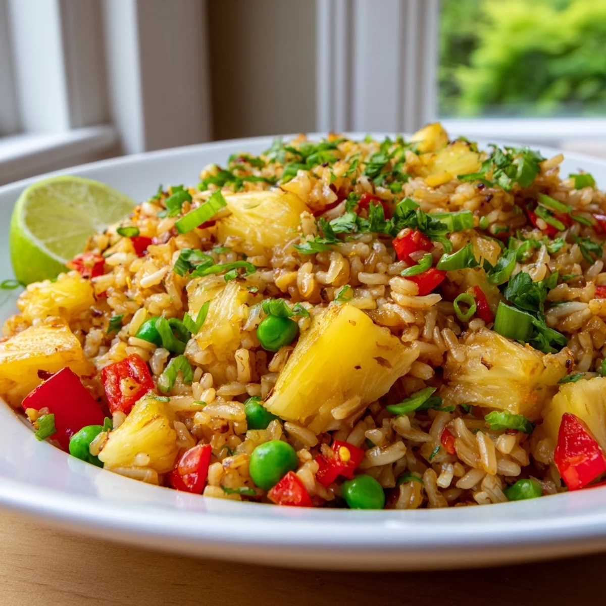 Chili Lime Pineapple Fried Rice served in a pineapple half with fresh cilantro garnish