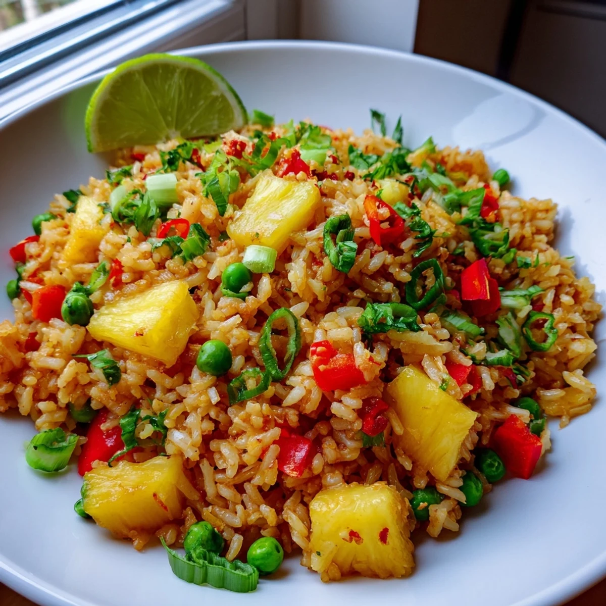 Golden wok-fired Chili Lime Pineapple Fried Rice studded with juicy caramelized pineapple chunks