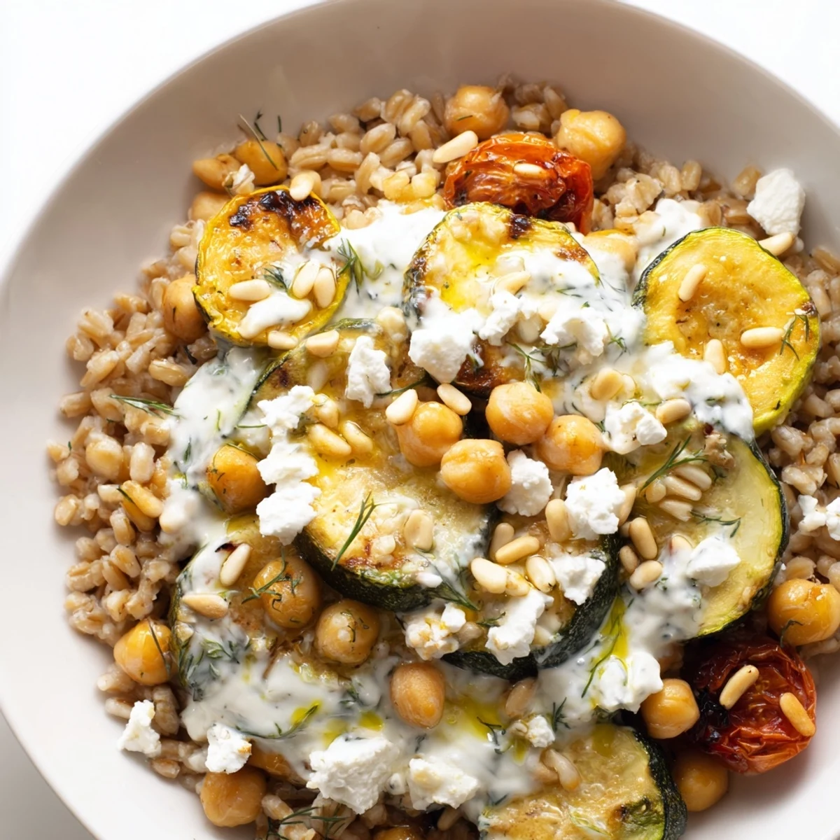 Vibrant Mediterranean roasted zucchini farro grain bowl drizzled with cool herb yogurt sauce