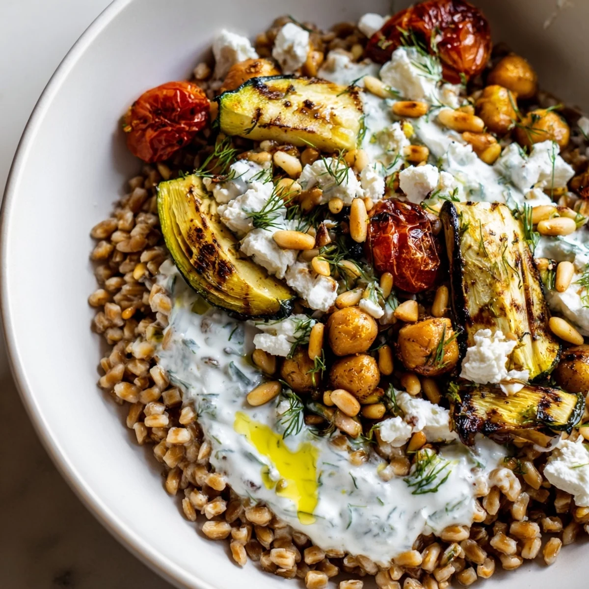 Mediterranean farro grain bowl with golden roasted zucchini, chickpeas, and creamy herb yogurt