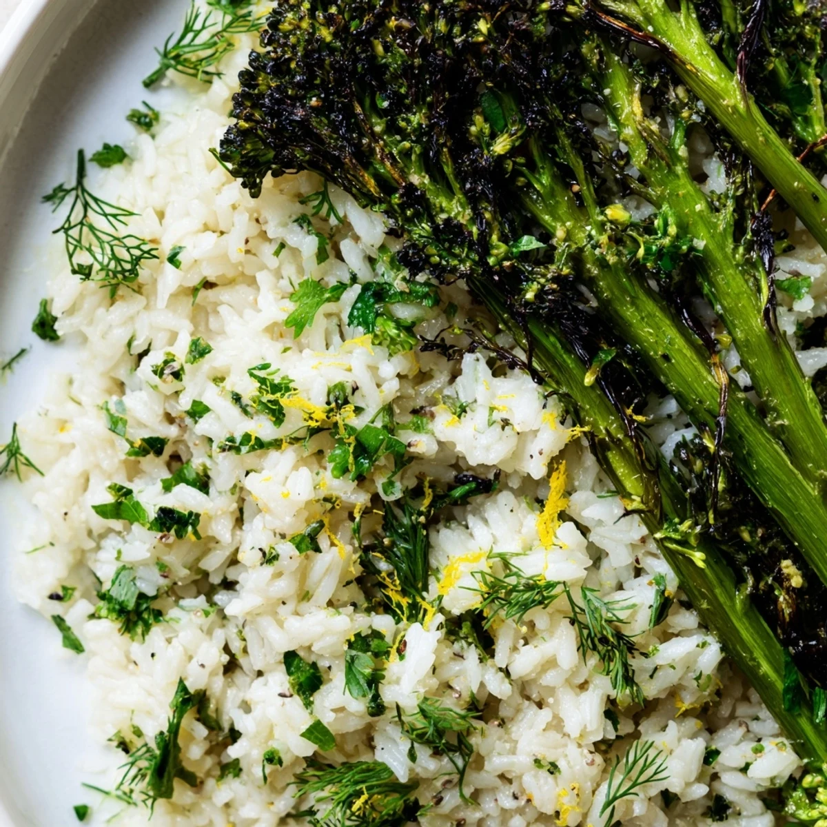 Fluffy garlic herb jasmine rice alongside smoky charred broccolini finished with cracked pepper