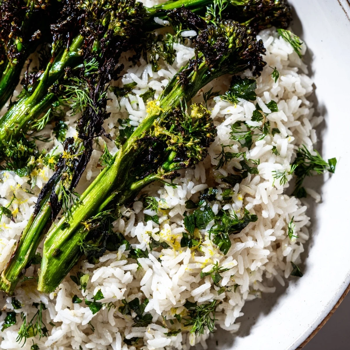 Garlic herb jasmine rice with charred broccolini served on a rustic white plate