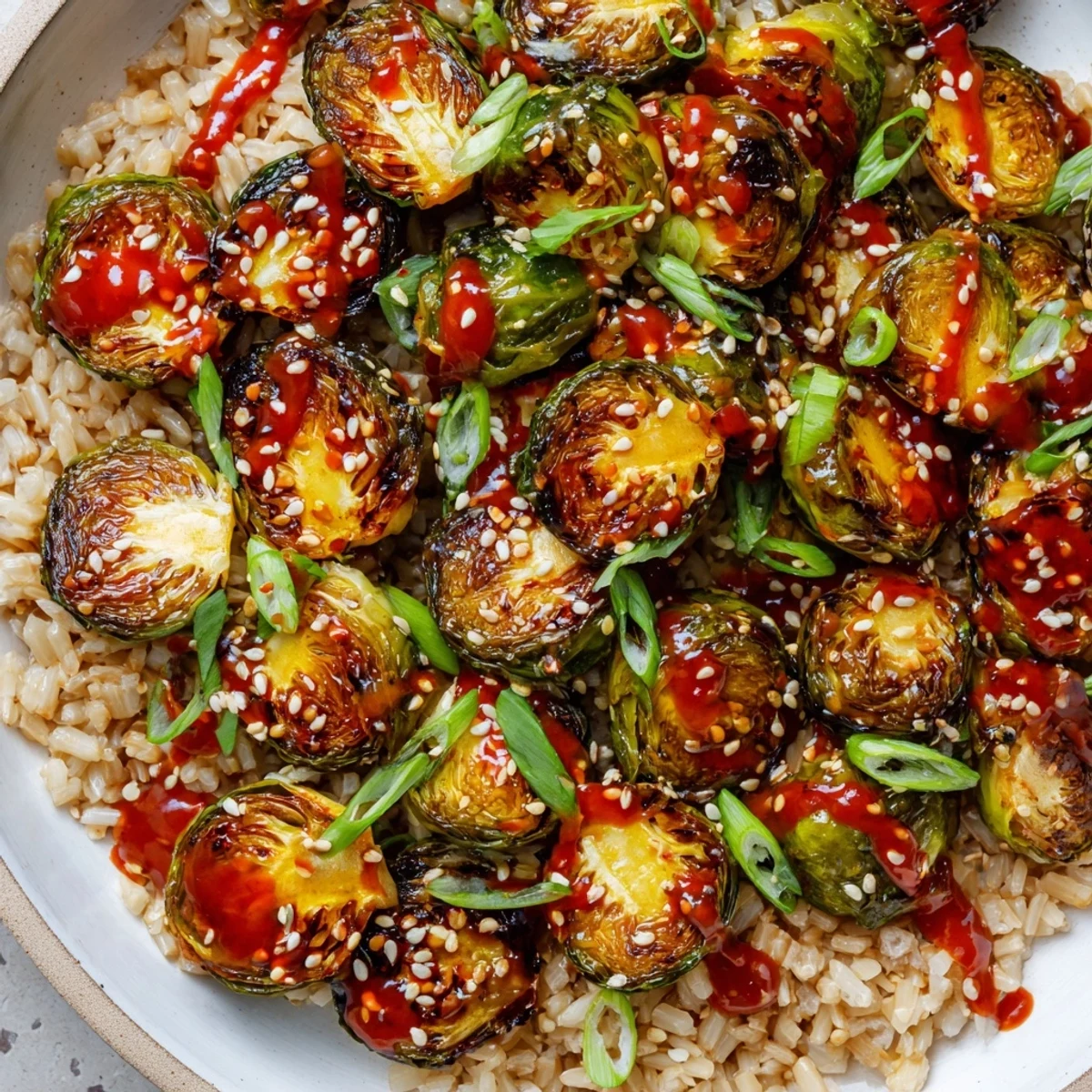 Golden crispy roasted Brussels sprouts glistening with spicy chili crisp in a colorful veggie bowl