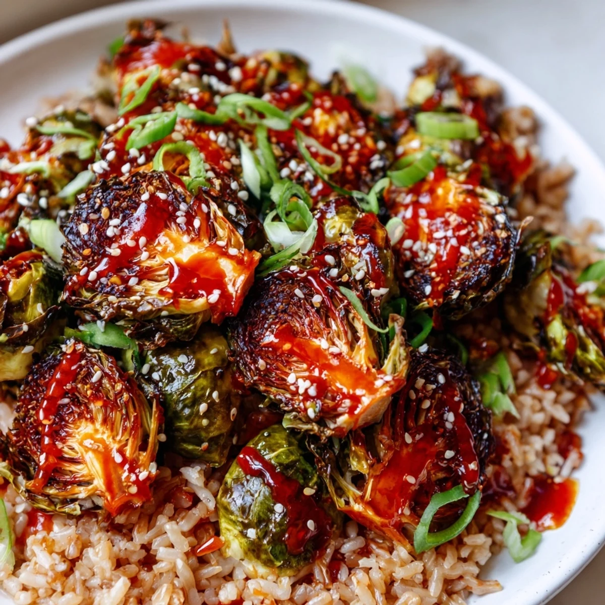 Spicy chili crisp roasted Brussels sprout veggie bowl topped with sesame seeds and fresh vegetables