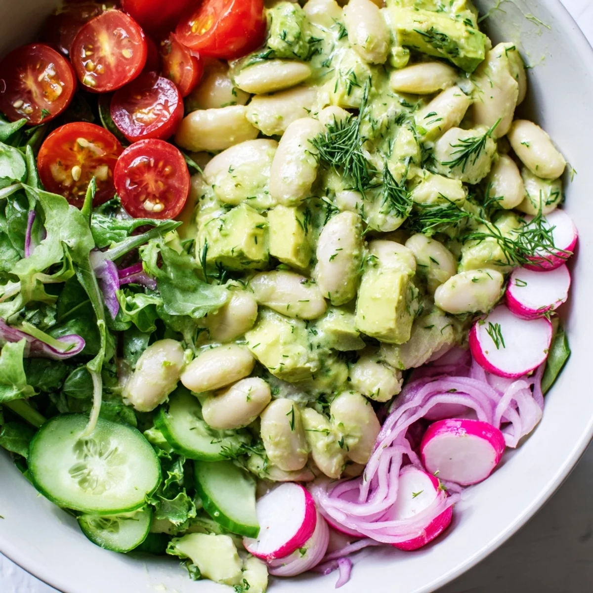 Creamy avocado dill white bean salad bowl topped with vibrant cherry tomatoes and fresh herbs