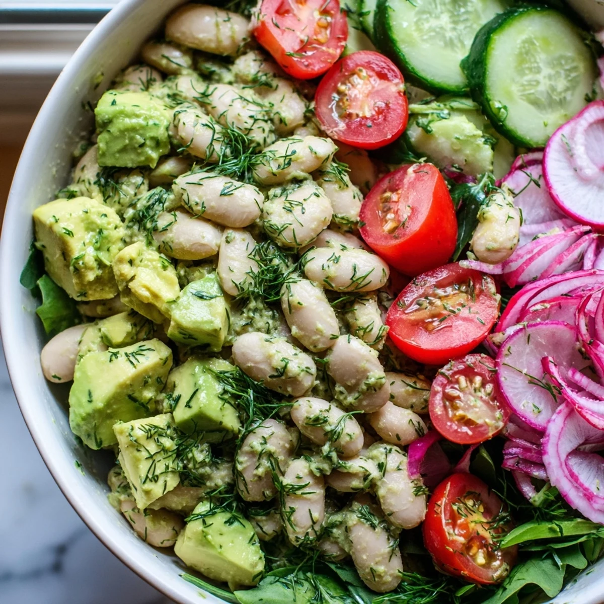 Tender white beans and diced avocado nestled in crisp greens with a creamy dill dressing