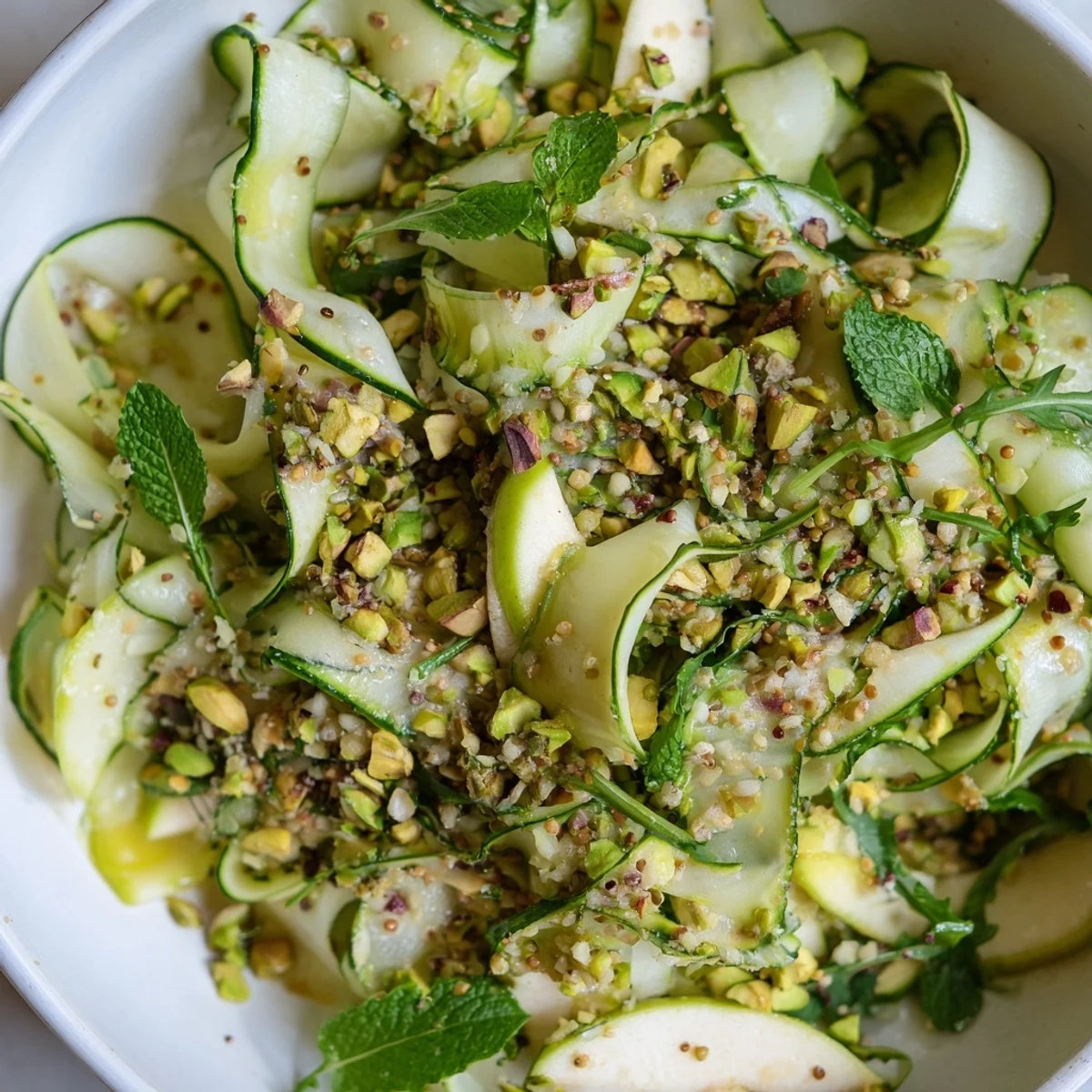 Shaved cucumber apple pistachio salad drizzled with creamy sesame dressing on a rustic wooden board