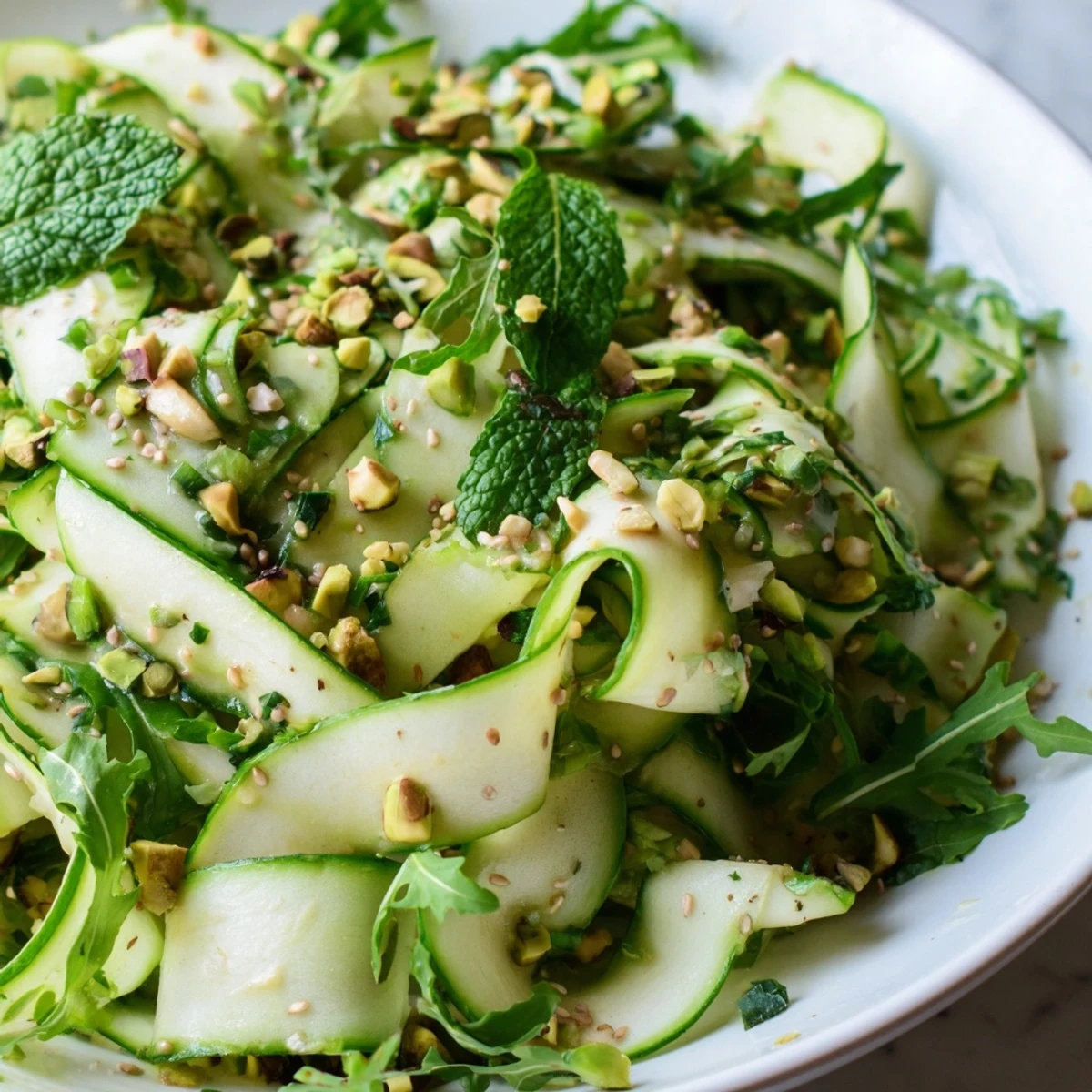 Vibrant green ribbons of cucumber and apple in this shaved cucumber apple pistachio salad bowl
