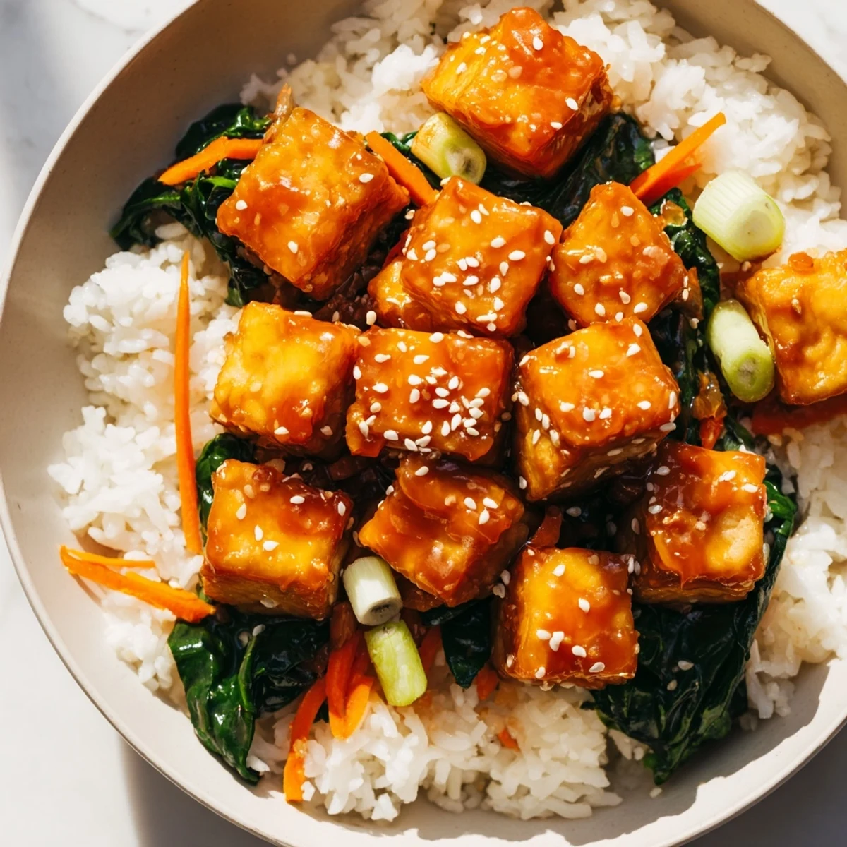 Glossy orange ginger tofu bowl with crispy cubes and sesame wilted greens