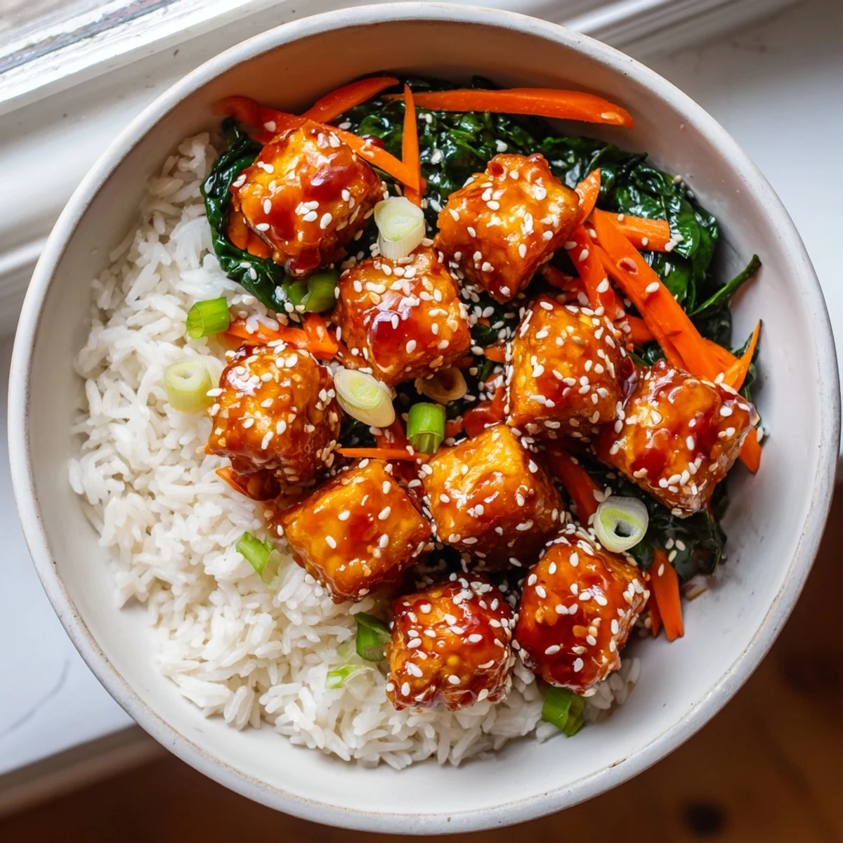 Crispy glazed tofu over steamed rice with vibrant sesame greens and scallions