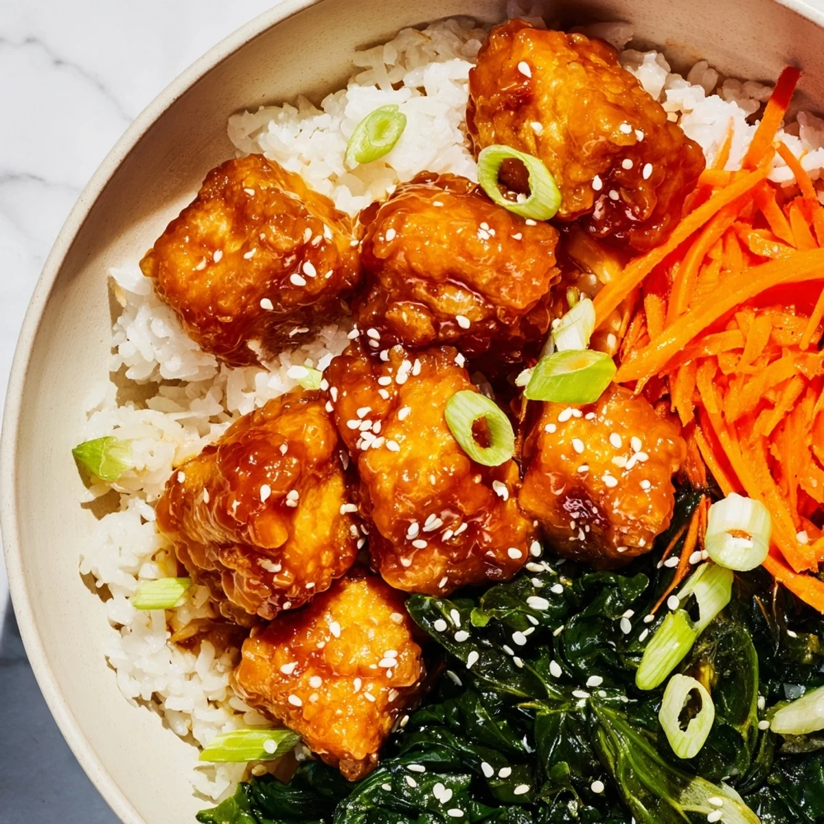 Sticky orange ginger tofu nestled on fluffy rice alongside sautéed sesame greens
