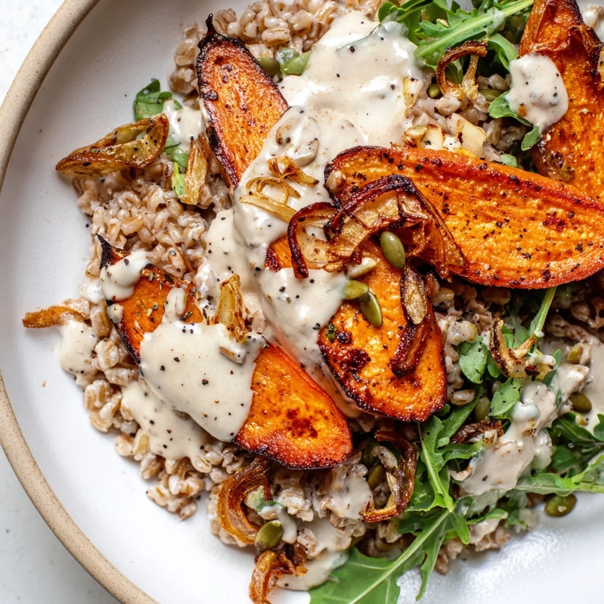 A roasted carrot tahini farro grain bowl drizzled with creamy dressing and golden crispy shallots.