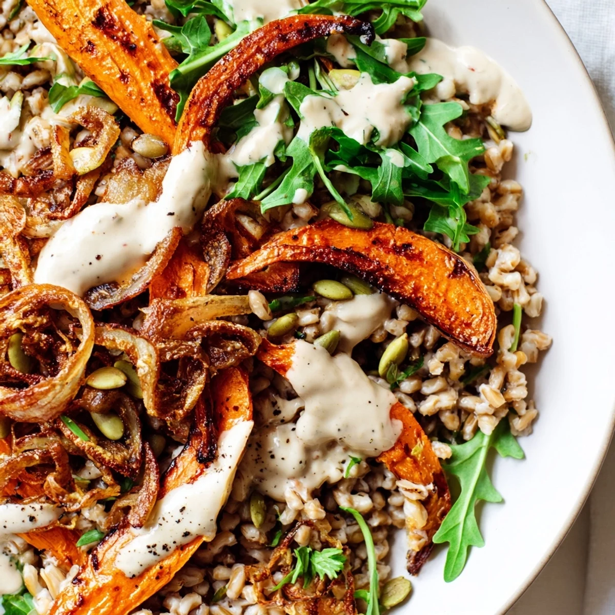 Hearty roasted carrot tahini farro grain bowl topped with caramelized carrots, spinach, and pumpkin seeds.