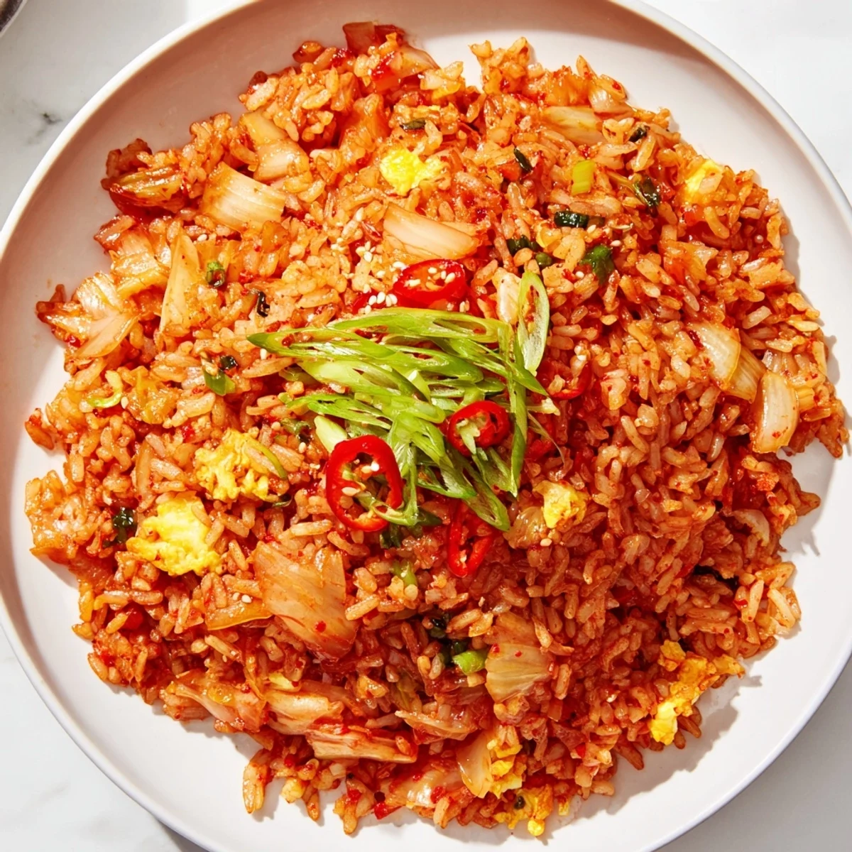 Steaming bowl of kimchi garlic chili fried rice crowned with golden crispy scallions