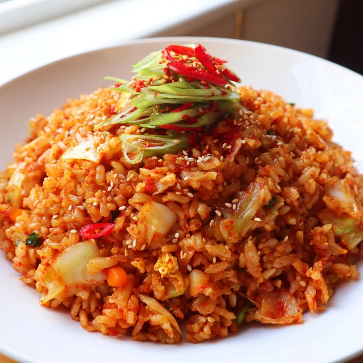 Close-up of spicy kimchi garlic chili fried rice sizzling in a hot wok