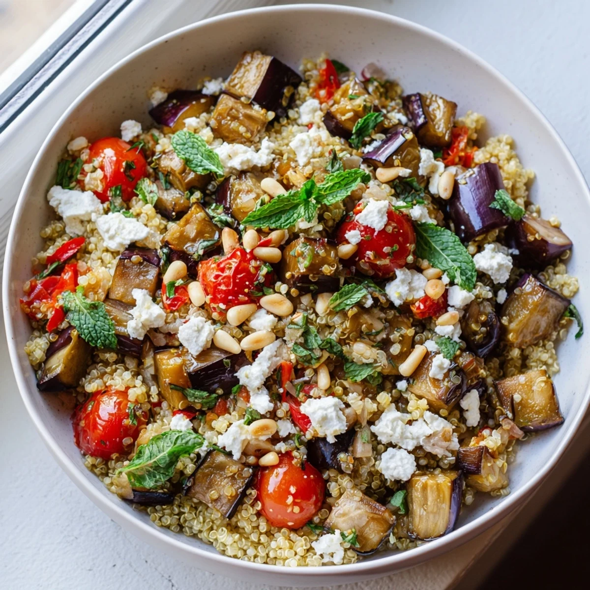 Golden roasted eggplant and fluffy quinoa topped with crumbled feta in a vibrant grain bowl