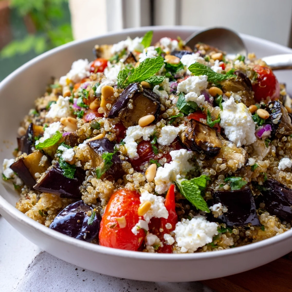 Mediterranean roasted eggplant quinoa grain bowl drizzled with herbed dressing and fresh vegetables