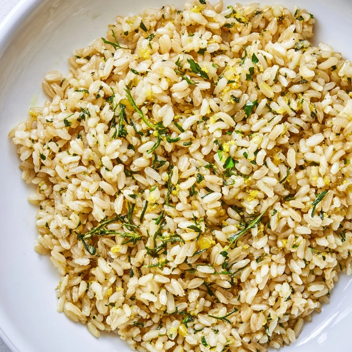 Tender brown rice tossed in zesty lemon herb sauce beside caramelized roasted cauliflower florets