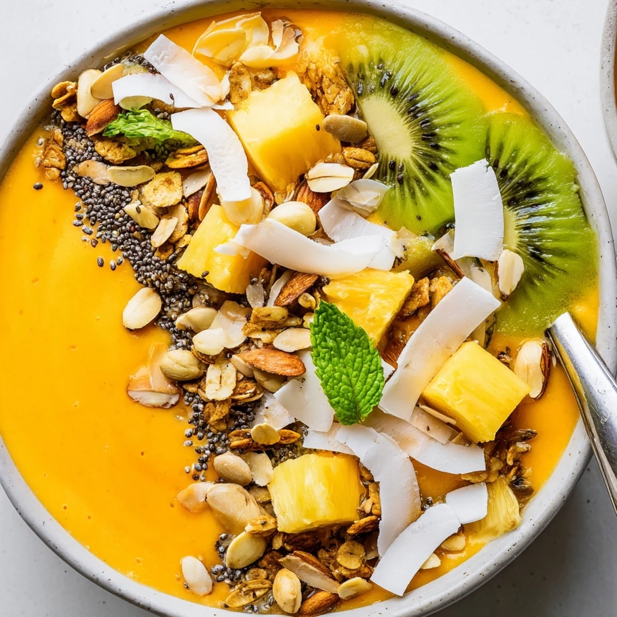 Bright papaya pineapple coconut smoothie bowl topped with crunchy chia seeds and tropical fruit