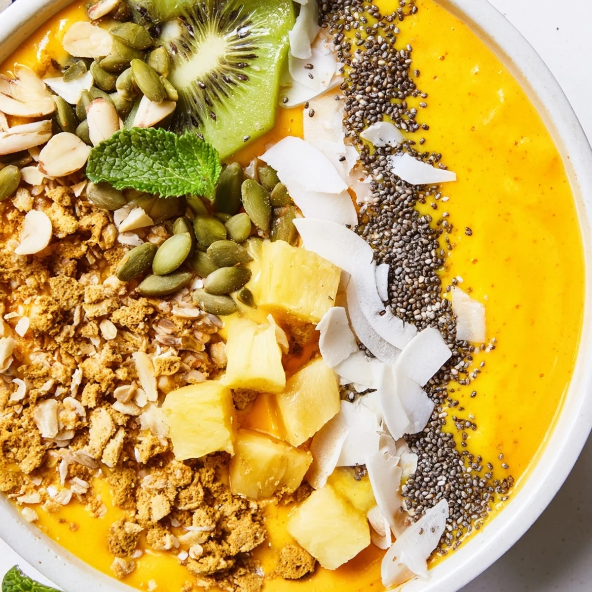 Creamy papaya pineapple coconut smoothie bowl drizzled with lime and sprinkled with almond crunch