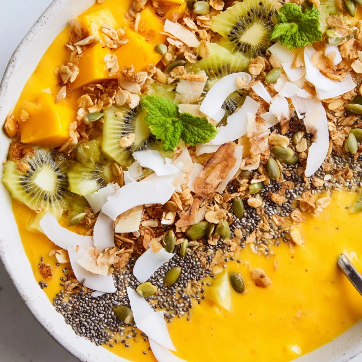 Tropical papaya pineapple coconut smoothie bowl served in two bowls with fresh kiwi and mint