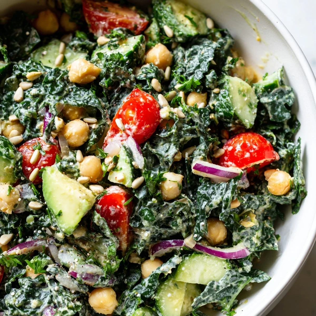 Vibrant avocado chickpea kale salad bowl with cherry tomatoes, crisp greens, and creamy tahini lemon dressing
