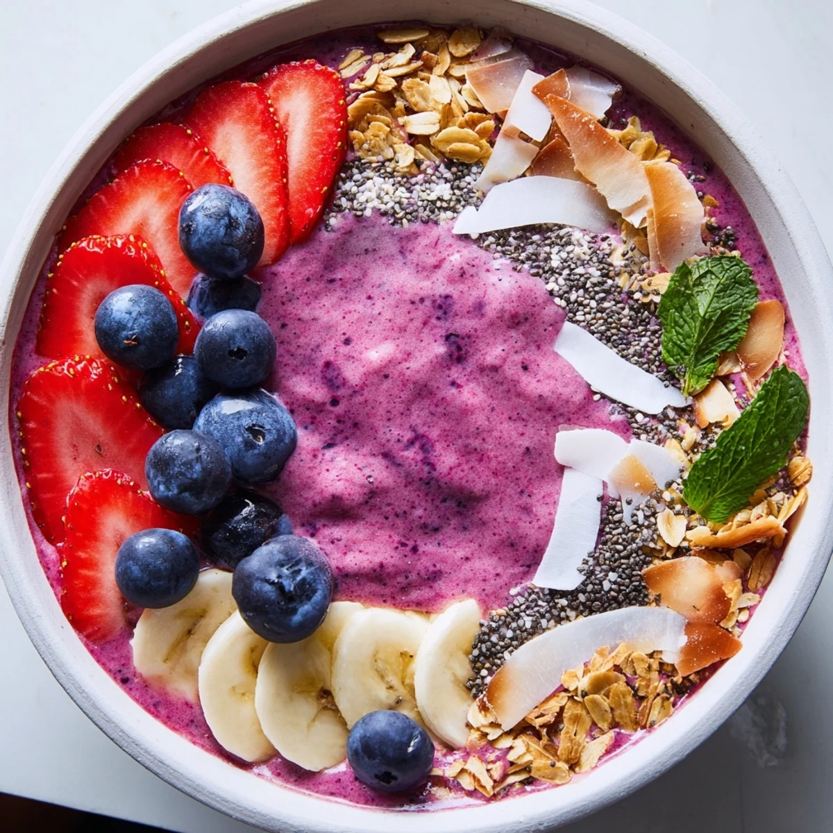 Creamy blueberry strawberry coconut smoothie bowl topped with golden almond crumble and fresh berries