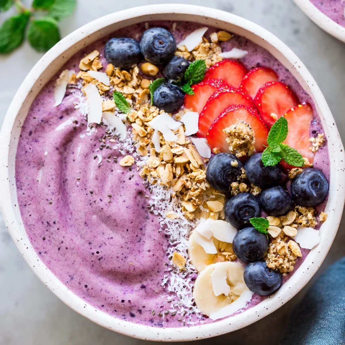Vibrant purple smoothie bowl loaded with coconut, strawberries, blueberries, and crunchy almond crumble topping