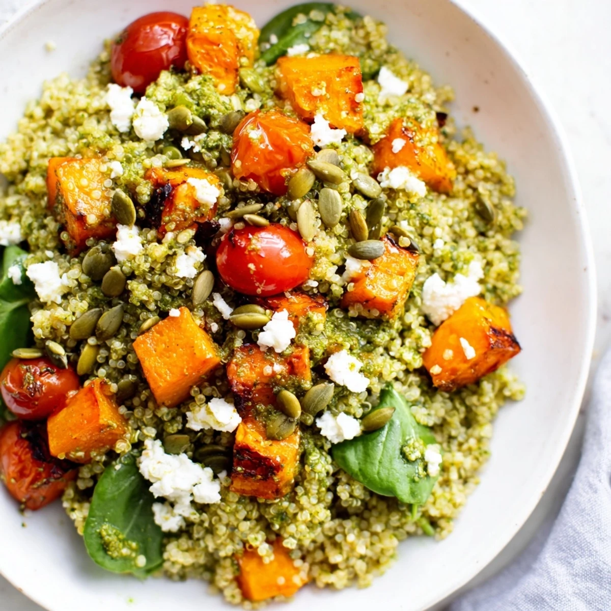 Vibrant roasted butternut squash pesto quinoa grain bowl drizzled with herby green pesto
