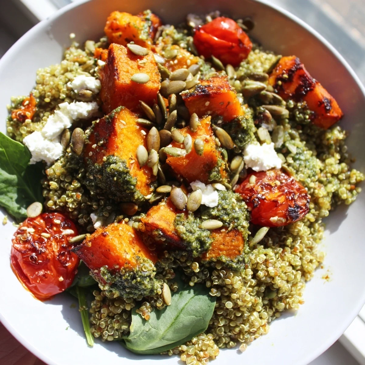 Golden roasted butternut squash pesto quinoa grain bowl topped with crunchy pumpkin seeds