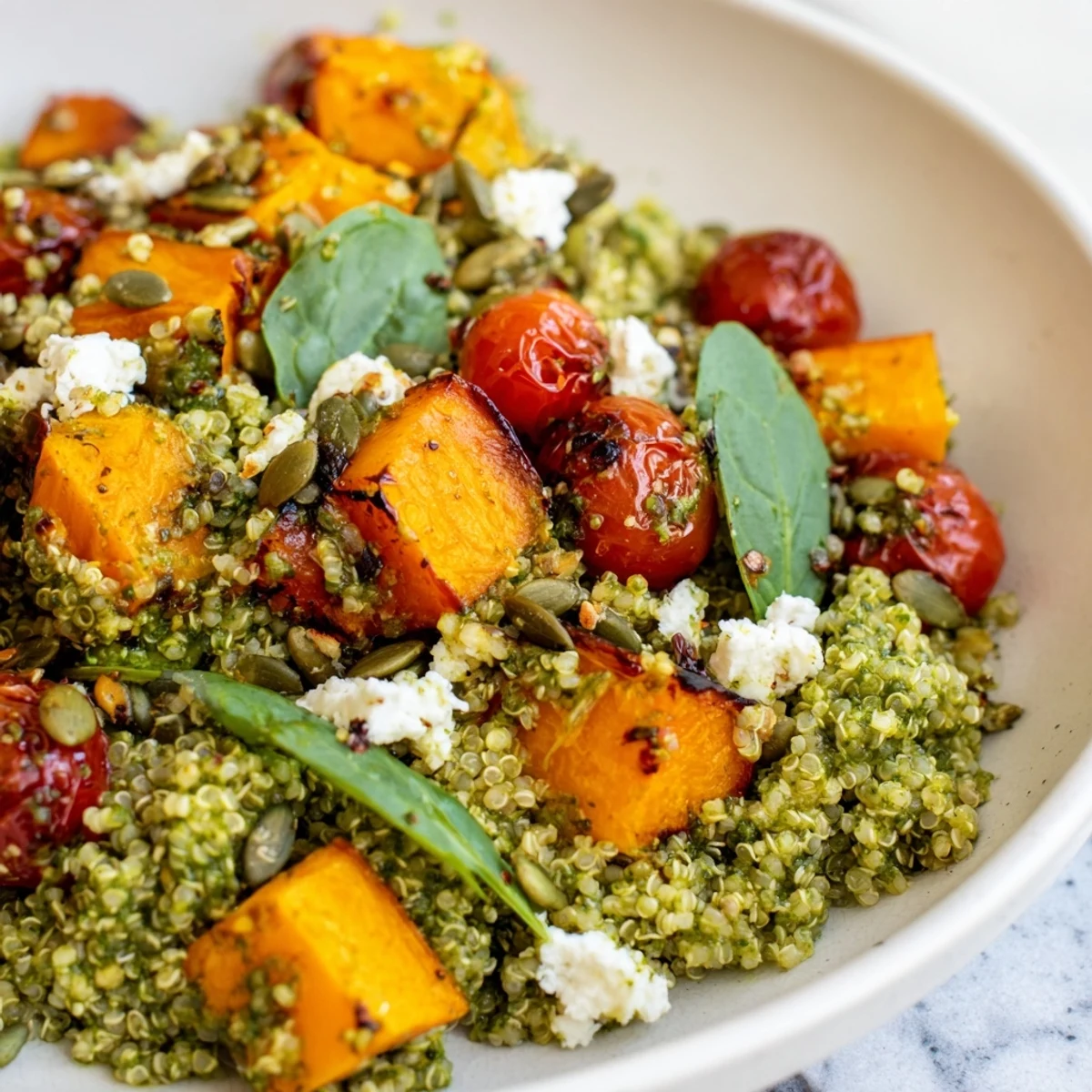 Warm roasted butternut squash pesto quinoa grain bowl served over fresh baby spinach