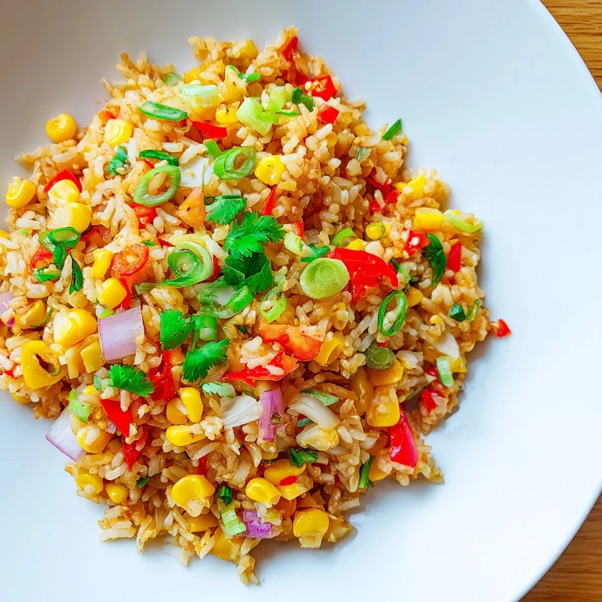 Golden chili lime corn fried rice topped with fresh cilantro and lime wedges