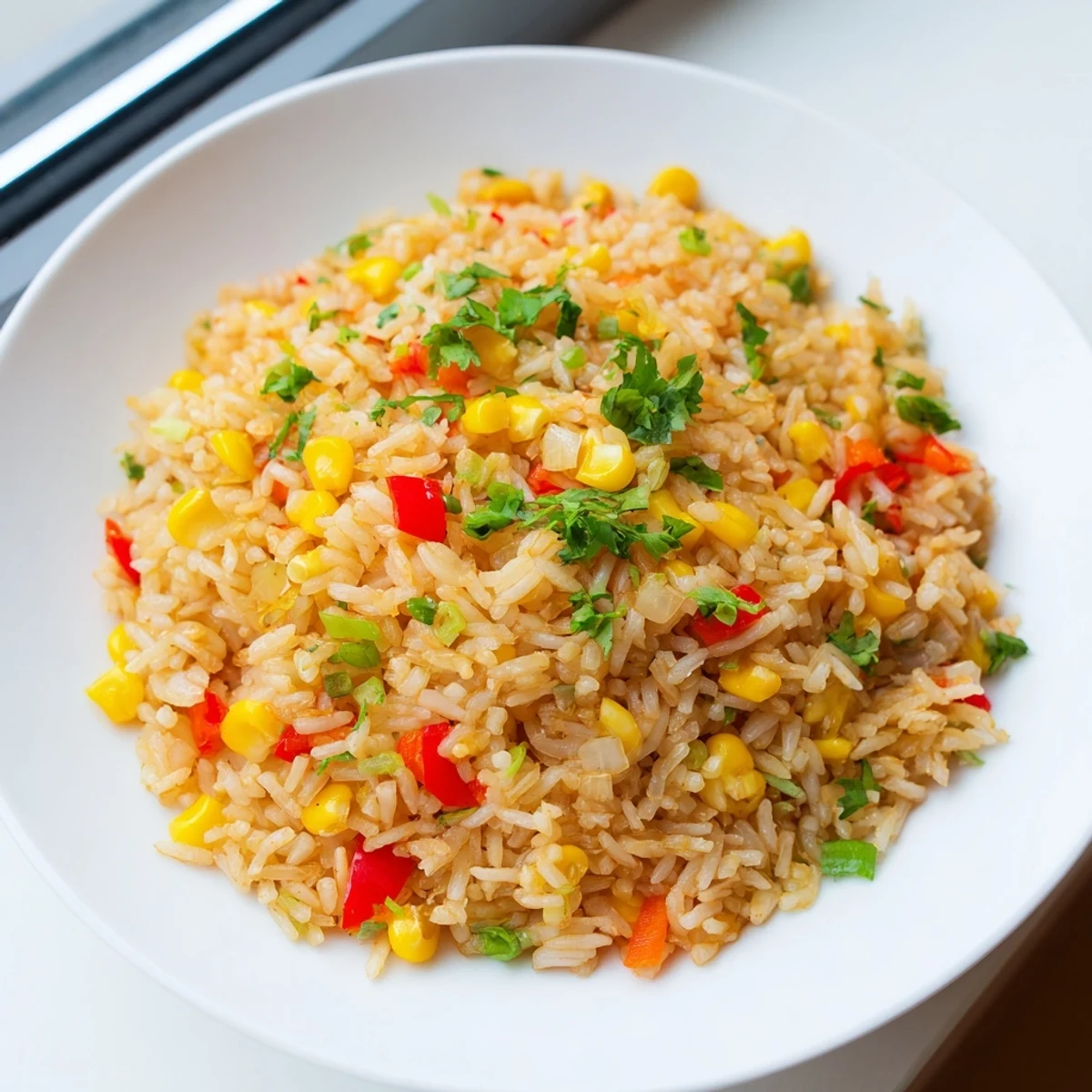 Chili lime corn fried rice sizzling in a wok with scattered fresh cilantro leaves