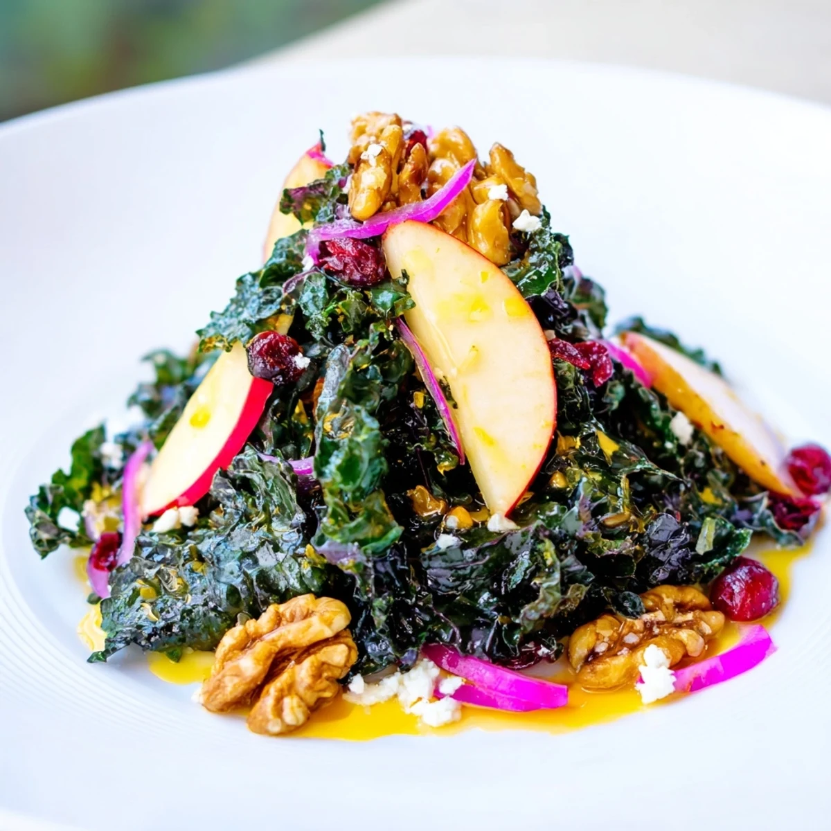 Fresh Shaved Kale Apple Walnut Salad Bowl tossed in vibrant orange dressing