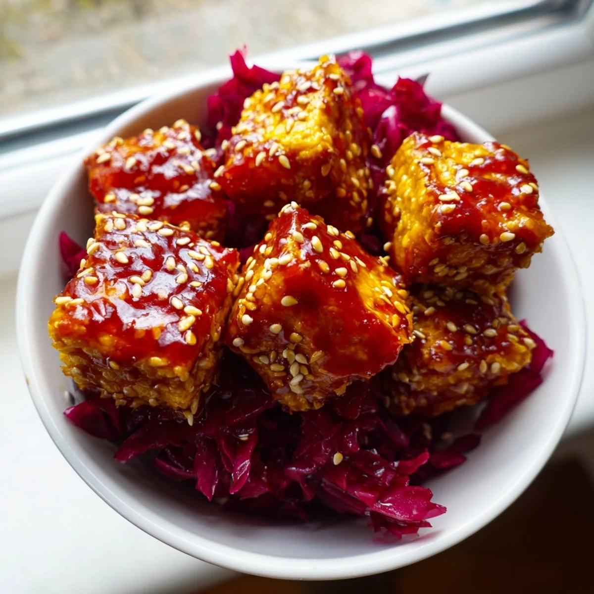 Glistening sticky maple chili tempeh vegan bowl with sesame cabbage and fresh vegetables